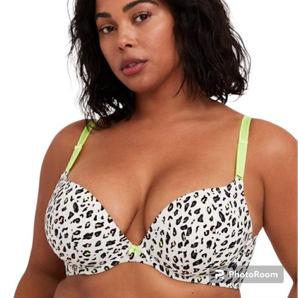 46DDD Torrid White Leopard Neon Yellow Bra Push Up Plunge Back Smoothing Underwi